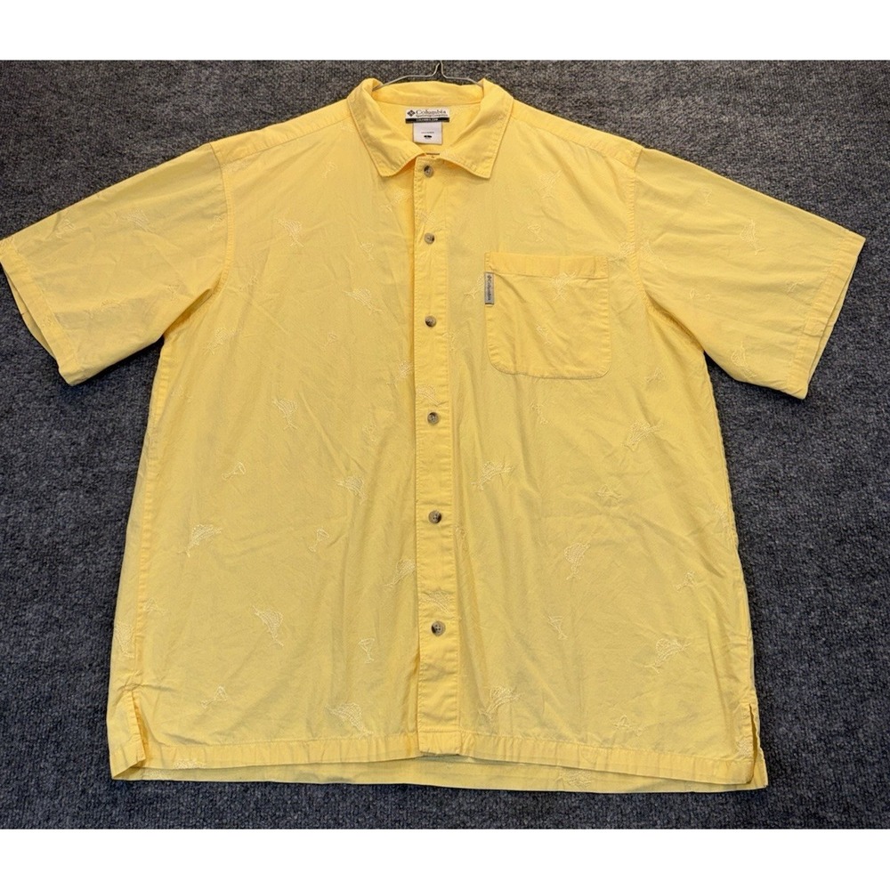 Columbia Men's L Yellow Short Sleeve Shirt Embroidered Marlin Martini Cotton